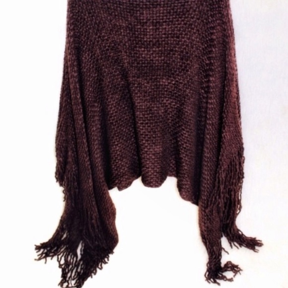 Chocolate Knit Poncho with Fringe - Picture 2 of 3